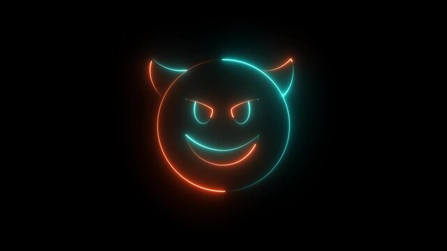 glowing neon devil icon animation . glowing neon demon emoticon. devil with grin face ,mockery emoticon , motion graphic of cute demon concept.