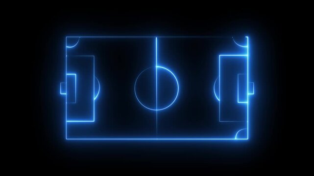 Animation of neon sports stadium on black background. neon lights match football isometric field video animation, Soccer field stadium or football lawn. motion graphic of football field concept.