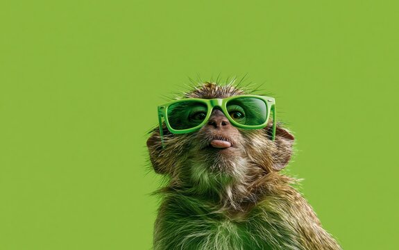 Small monkey sits on the left side with a funny face and green glasses on a solid green background