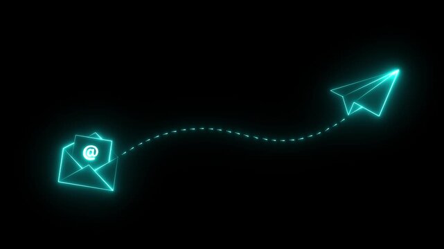 neon email envelope and paper plane icon on black background .newsletter ,email icon .flying paper airplane and email. emails for business and social media. motion graphic of paper plane concept.