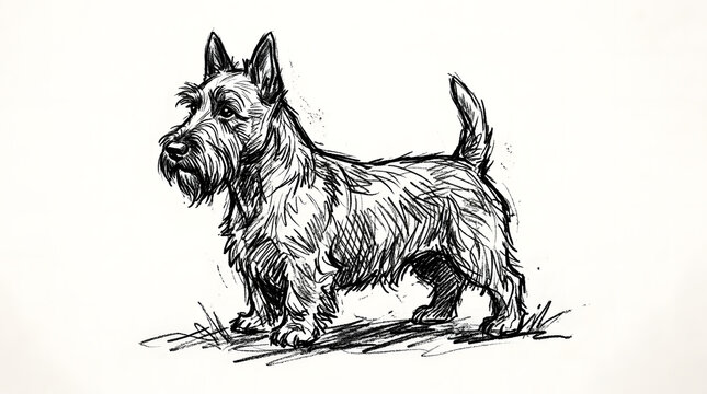 Scottish Terrier dog standing in profile illustration. Black and white line art sketch of a Westie breed pet on plain background.