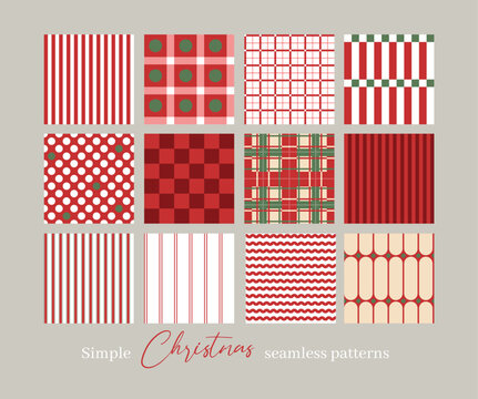 Christmas Geometrical Seamless Patterns Collection with Stripes Checks Dots Waves Minimal Holiday Designs