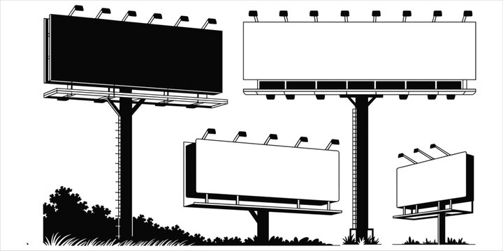Four black and white silhouette of billboards of various sizes, some with grass and trees, on white advertisement
