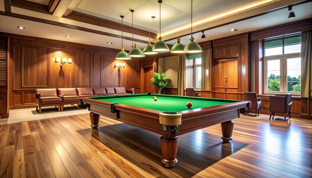 Green Billiards Table in Elegant Wood Paneled Recreation Room