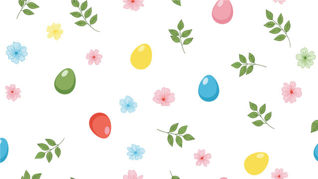A delightful seamless pattern showcases colorful Easter eggs, delicate spring flowers, and fresh green leaves, creating a vibrant and festive background for the holiday.