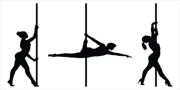 Three black silhouette of women performing pole dancing poses, isolated on a white background dancer