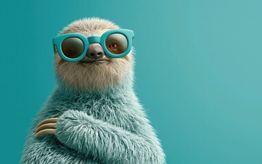 Fototapeta premium Funny sloth with trendy glasses stares at the camera against a vibrant teal backdrop