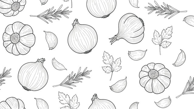 Seamless black and white pattern featuring hand-drawn onions, garlic bulbs, rosemary sprigs, and parsley leaves, ideal for culinary designs.