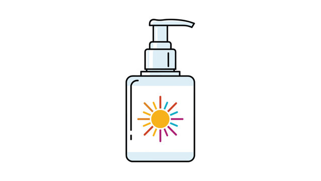 Essential white sunscreen lotion bottle with a pump dispenser and a colorful sun logo, symbolizing summer skincare and protection.