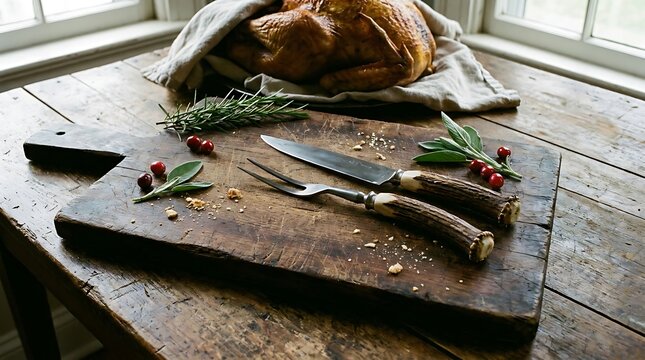 Roasted turkey carving festive thanksgiving dinner with antler handle silverware cranberries