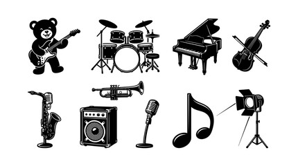 Musical Instruments and Equipment Illustrated in Black and White Featuring Illustration, Vector, Design with Guitar and Drums © Firoz