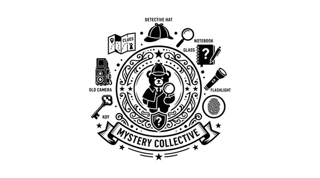 Mystery Collective Logo with Detective Hat, Magnifying Glass, Notebook, Flashlight, Old Camera, and Key