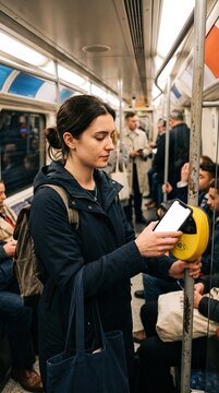 Woman uses smartphone to pay for public transport fare on a busy subway train