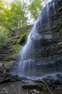 Tiffany Falls in Hamilton, Ontario, cascades down rocky escarpments amid lush greenery, offering a stunning natural spectacle.