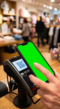 Customer uses smartphone with green screen for contactless payment at retail store checkout with QR code on terminal