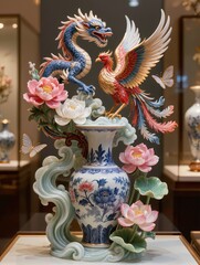 Obraz premium Masterpiece luxury porcelain sculpture featuring oriental dragon and phoenix intertwined above blue and white ceramic vase with blooming peonies clouds butterflies lotus and flowing waves