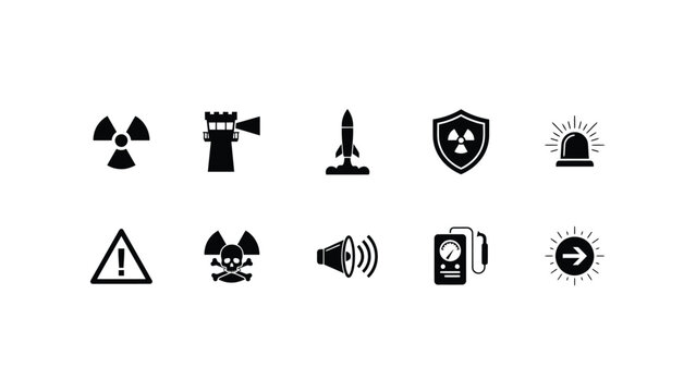Minimalist black safety and warning icon set featuring radiation alerts and emergency symbols on white background