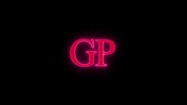 Neon glowing GP letters sign flickering in dark background with vibrant red and pink luminescence