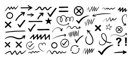 Obraz premium Set of hand-drawn doodle arrows checkmarks and symbols for design elements with checkmarks sketches handdrawn scribbles collection elements