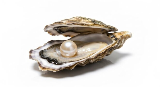 An open oyster shell, revealing a lustrous, round pearl, against a stark white backdrop