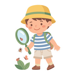 Curious boy scout examining ladybugs with a magnifying glass