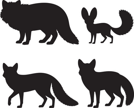 A set of four black silhouettes of foxes, including a fennec fox, isolated on a white background, for projects