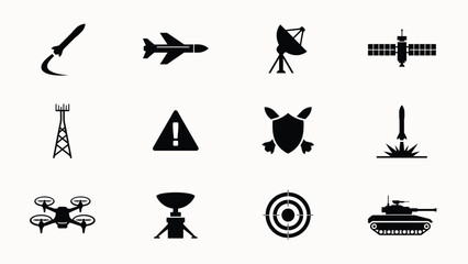Modern minimalist black icons set featuring spacecraft vehicles and technology symbols on white background with arranged uniform grid against stark white backdrop clarity © Jayshri