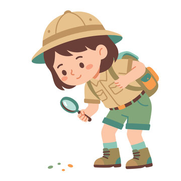 Girl in explorer outfit using a magnifying glass on the ground