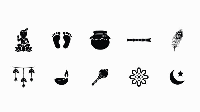 Traditional cultural symbols black and white minimalist icon set with all rendered bold silhouettes against plain background