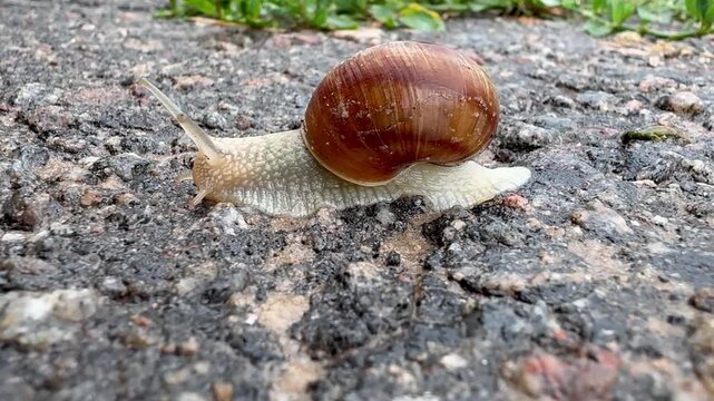 Top view of a large edible Roman snail Helix pomatia slowly crawling forward on textured asphalt surface after rain.