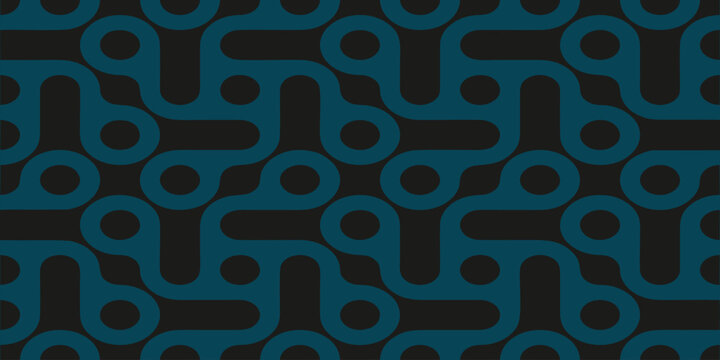 Modern geometric seamless pattern with interconnected organic curved lines and circles on a dark background. Cyberpunk, tech, and retro-futuristic style wallpaper.
