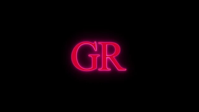 Red neon initials gr glowing against black background with steady pink light effect and elegant serif font