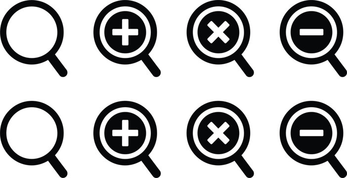 Vector icon set of magnifying glass web search, zoom in plus minus signs, maximize interface symbols