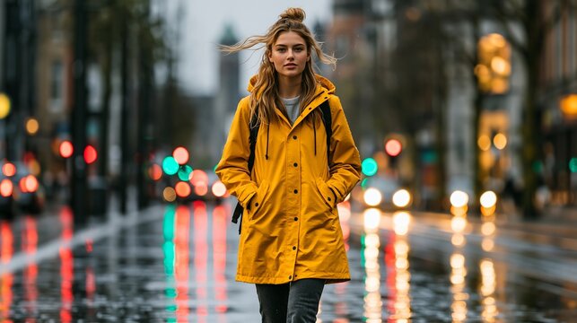 Stylish young woman in yellow raincoat walks through a rainy london street, showcasing urban fashion and a carefree attitude