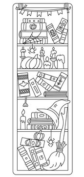 Halloween Bookshelf Bookmark With Autumn Charm And Coloring Page