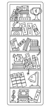 Bookmark Features School Items, A Bookshelf, A Trophy, A Lamp, And A Treble Clef Coloring Page