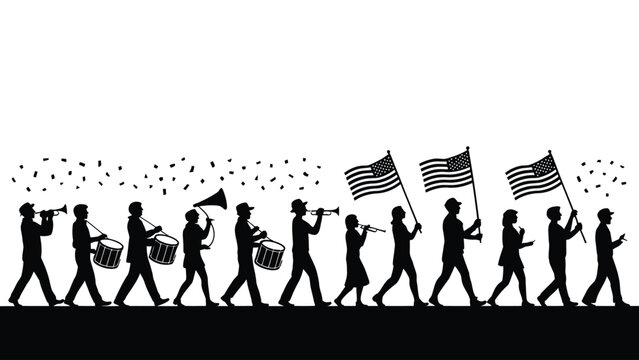 Silhouette parade marching band playing music and carrying flags with confetti falling on a plain white background