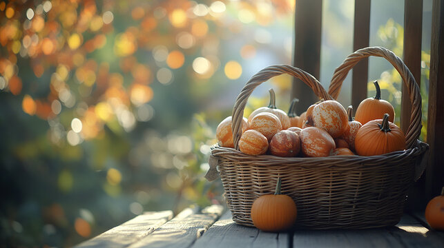 Nostalgic autumn setting with weathered wicker basket filled with small pumpkins and gourds