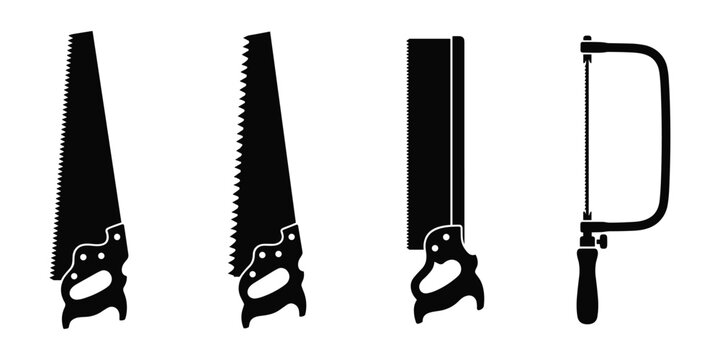 Various woodworking saw silhouettes including handsaws and hacksaw on transparent background.