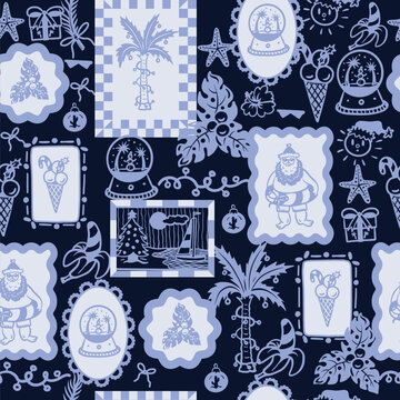 Christmas Tropical Graphic Seamless Pattern with Summer Holiday Frames Santa Palm and Ornaments
