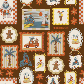 Christmas Tropical Seamless Pattern with Palm Trees Gingerbread Santa Summer Holiday Frames Illustration