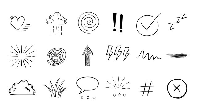Assorted artistic hand-drawn icon set featuring shapes weather and mood symbols sketches lightning elements handdrawn emotions checkmarks