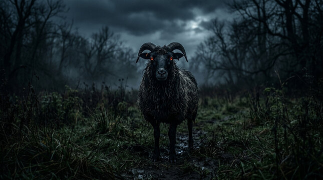 Black Sheep With Glowing Red Eyes In Dark Forest