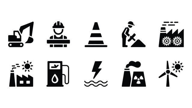 Black vector icons of industrial machinery energy production with representing energy industry industry construction white