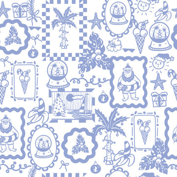 Christmas Tropical Graphic Seamless Pattern with Summer Holiday Frames Santa Palm and Ornaments