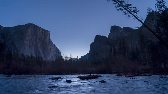 Yosemite Valley at dusk with El Capitan and Bridalveil Fall.