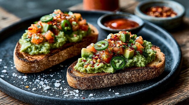 Avocado toast with pico de gallo and jalapeno. Toasted bread topped with creamy avocado, fresh pico de gallo, and spicy jalapenos