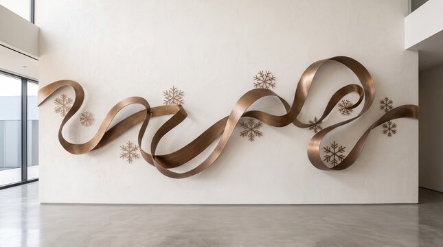Modern bronze wall sculpture with flowing ribbon design, abstract metal art installation in luxury interior, contemporary metallic wall decor