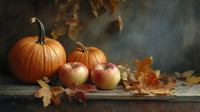 Painterly still life with pumpkins, apples, and autumn leaves creating warm seasonal mood