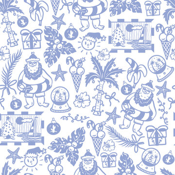Christmas Tropical Graphic Seamless Pattern with Summer Holiday Frames Santa Palm and Ornaments
